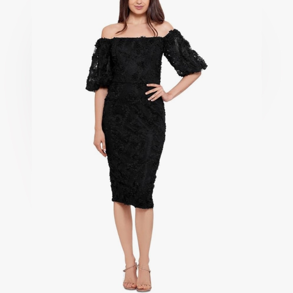 XSCAPE Off Shoulder 3D Floral Lace Sheath Dress Black